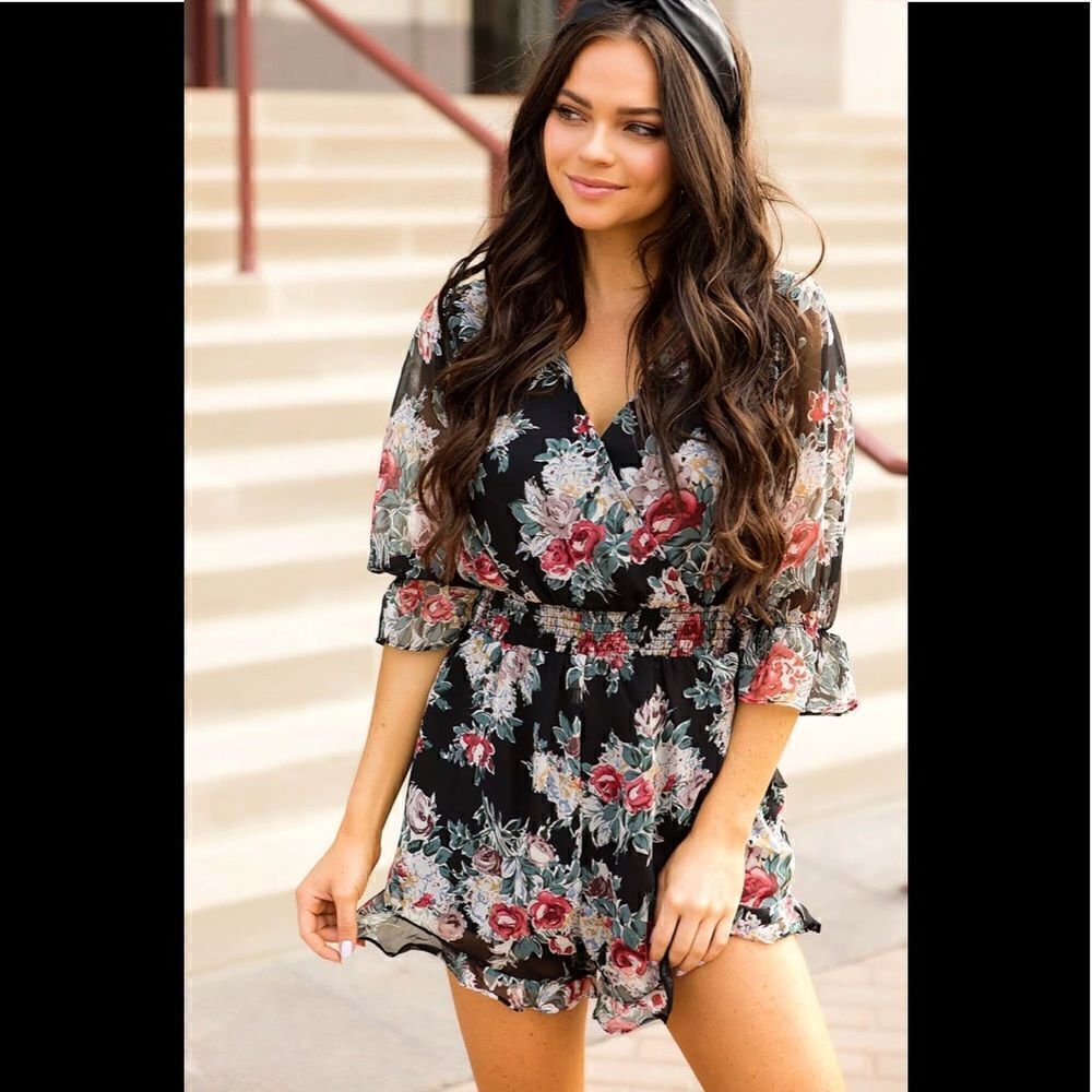BLACK FLORAL RUFFLE ROMPER  - Picture 2 of 9